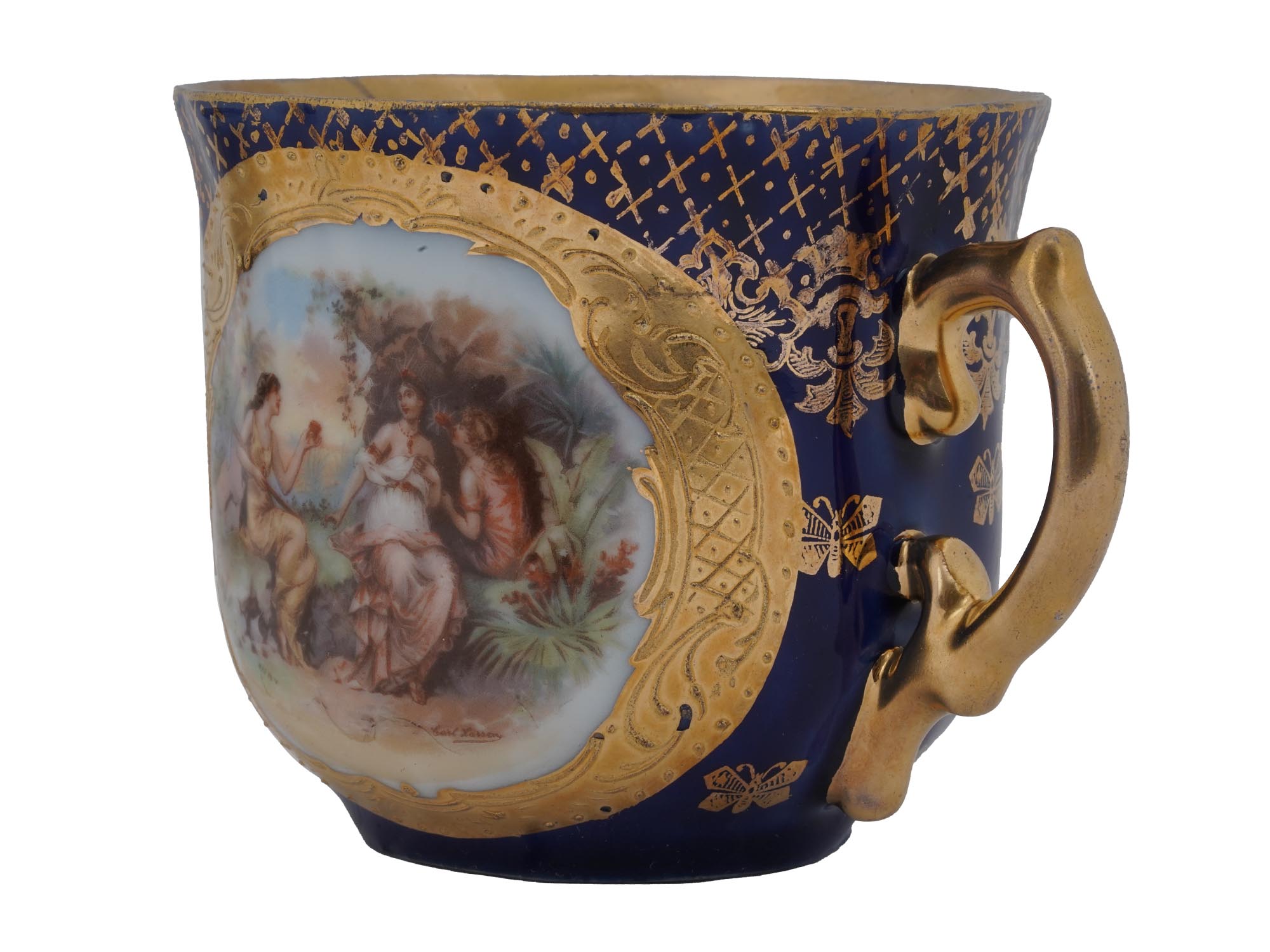 NEOCLASSICAL GILT PORCELAIN TEA MUSTACHE CUP WITH SAUCER PIC-2